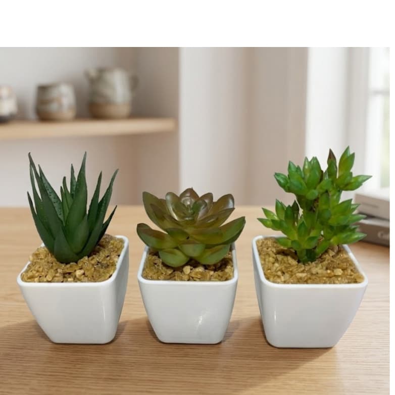 Kit Suculenta Artificial com Vaso Branco Mini Planta Decorativa Realista Casa Escritório