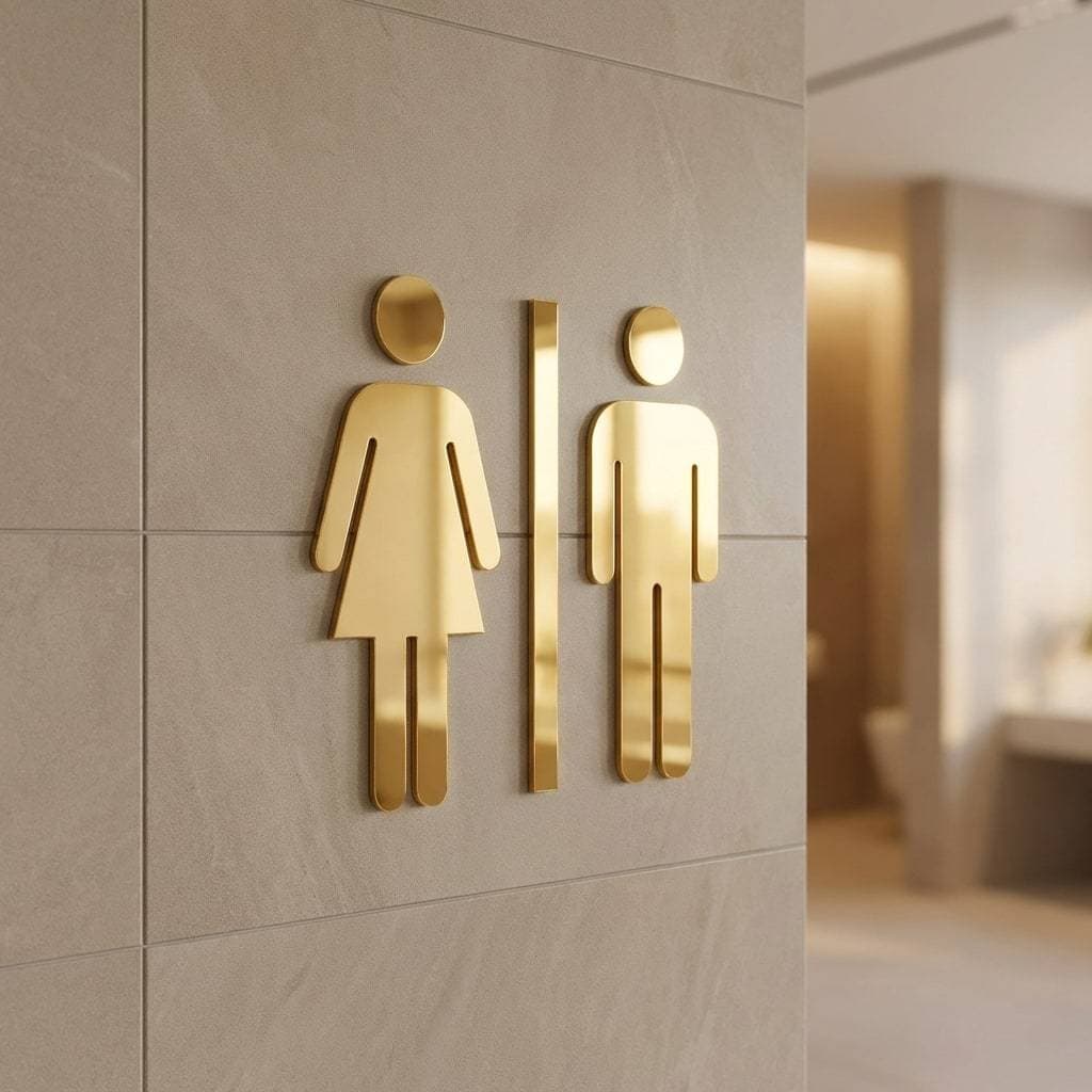 Placa de Sinalização Banheiro Masculino e Feminino em Acrílico Espelhado Dourado