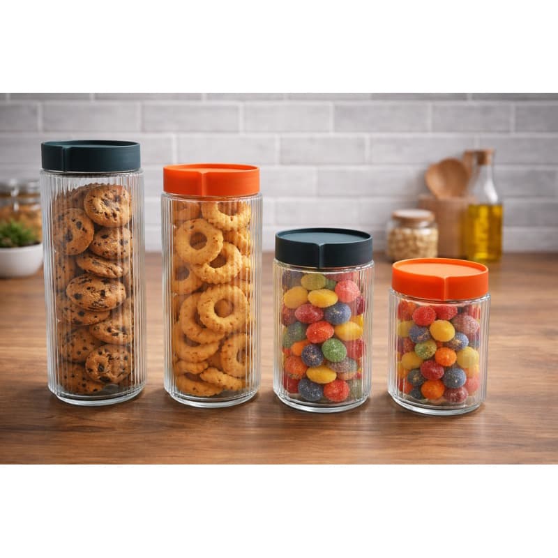 Conjunto 4 Potes de Vidro para Cozinha Mantimentos Biscoitos Açúcar Café Arroz Feijão 1L + 500ml