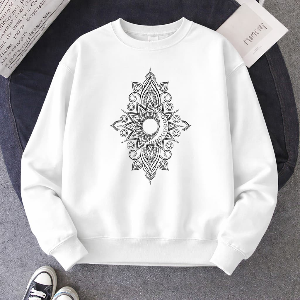 Moletom sem Capuz Unissex Flanelado Estampa Inspiração Mandala Lua Tatuagem Inverno 100% Algodão Premium Gola Redonda