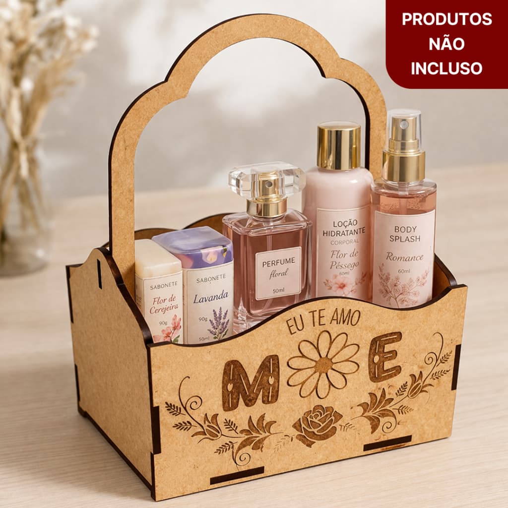 Cesta Dia das Mães MDF com Gravação | Ideal para KIT Sabonetes, Flores, Chocolate | Porta Presente Eu te amo mãe |19,5cm