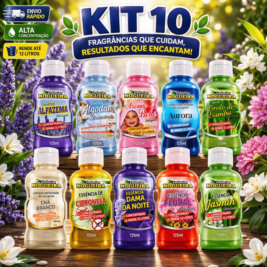 Kit 10 Essencias Perfumada Fragrância Para Casa Nogueira 125ML Rende 12 Litros