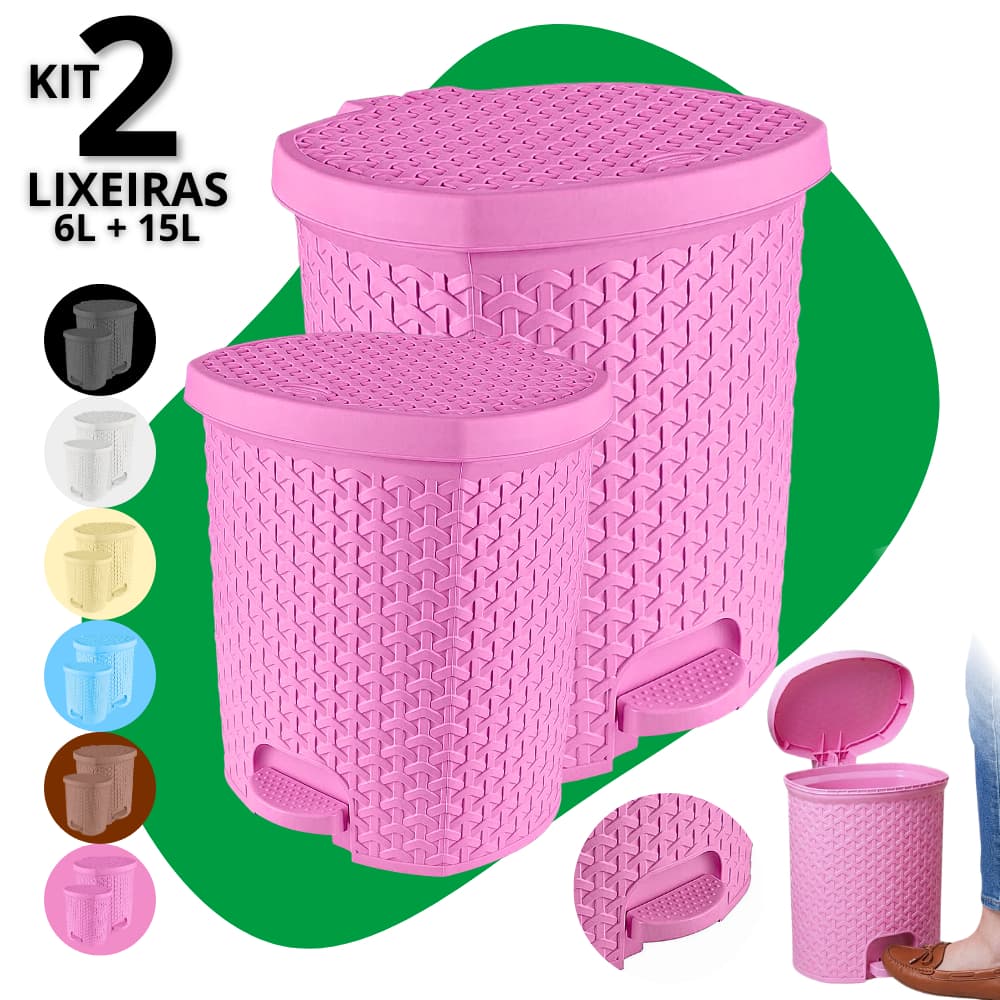 Kit 2 Lixeira Cesto de Lixo 6 + 15 Litros Com Pedal Rattan Banheiro Escritório Cozinha Quarto