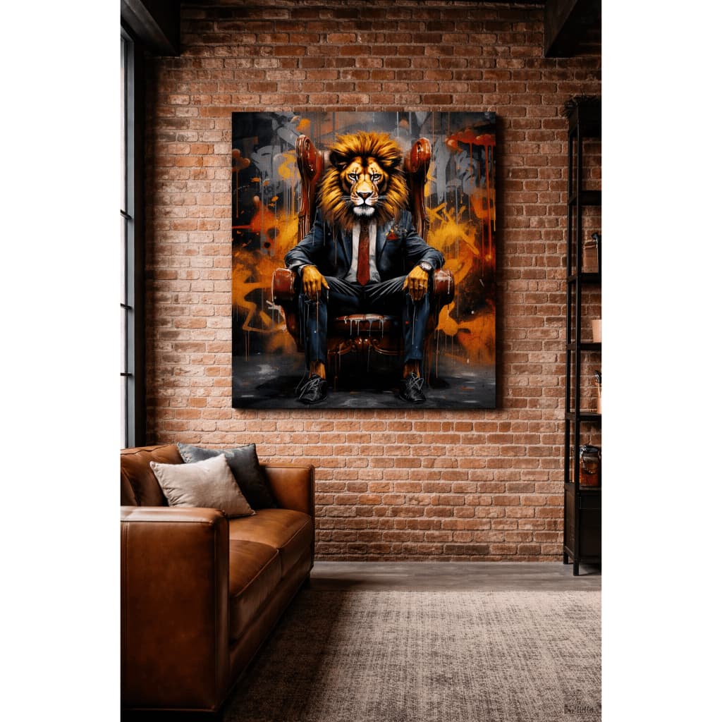 Quadro Decorativo Leão Majestoso no Trono Reinado Moderno e Ousado Arte Urbana Colorida Vibrante