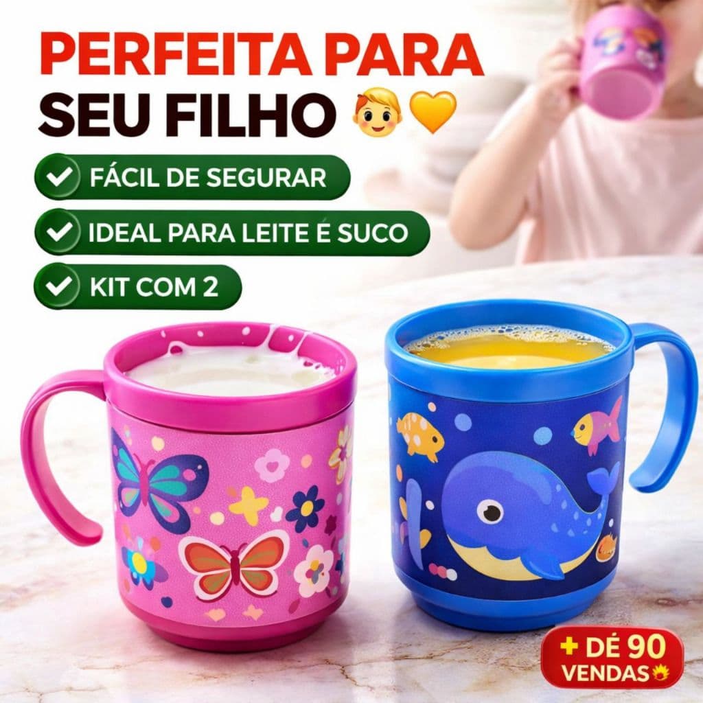 Kit 2 Canecas Infantil 210ml com Alça Copo Criança Leite Suco Resistentes