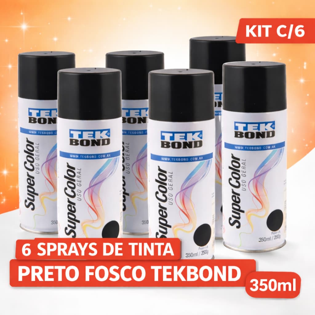 Kit 6 Tintas Spray Preto Fosco 350ml Tekbond – Alta Cobertura