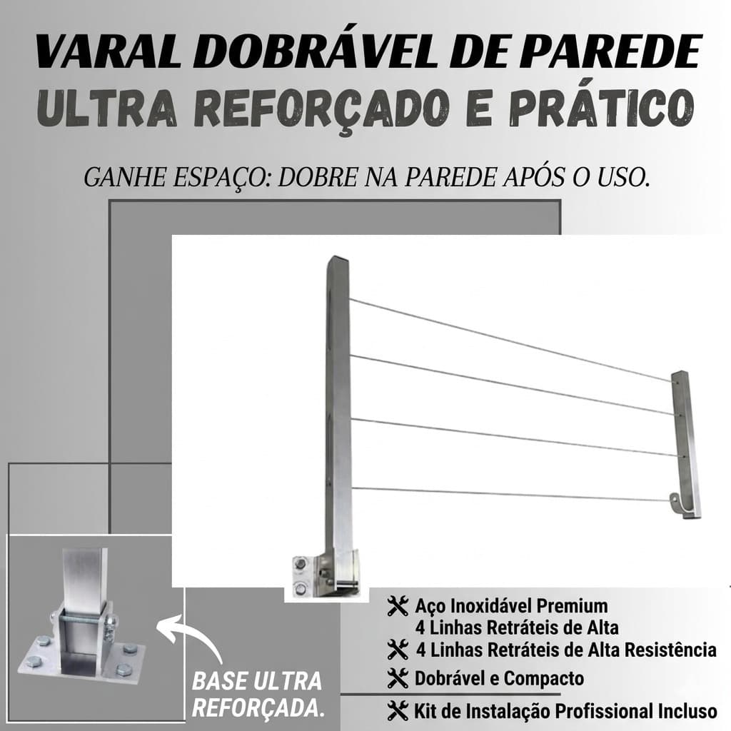 Varal Retrátil, Dobrável De Parede 100% Alumínio, Cabo De Aço Encapado 80kg