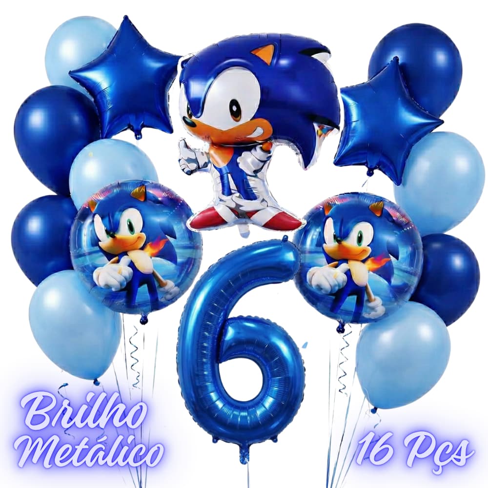 Kit 16 Balão do Sonic Metalizado Estrela Número 70cm  Decoração Festa