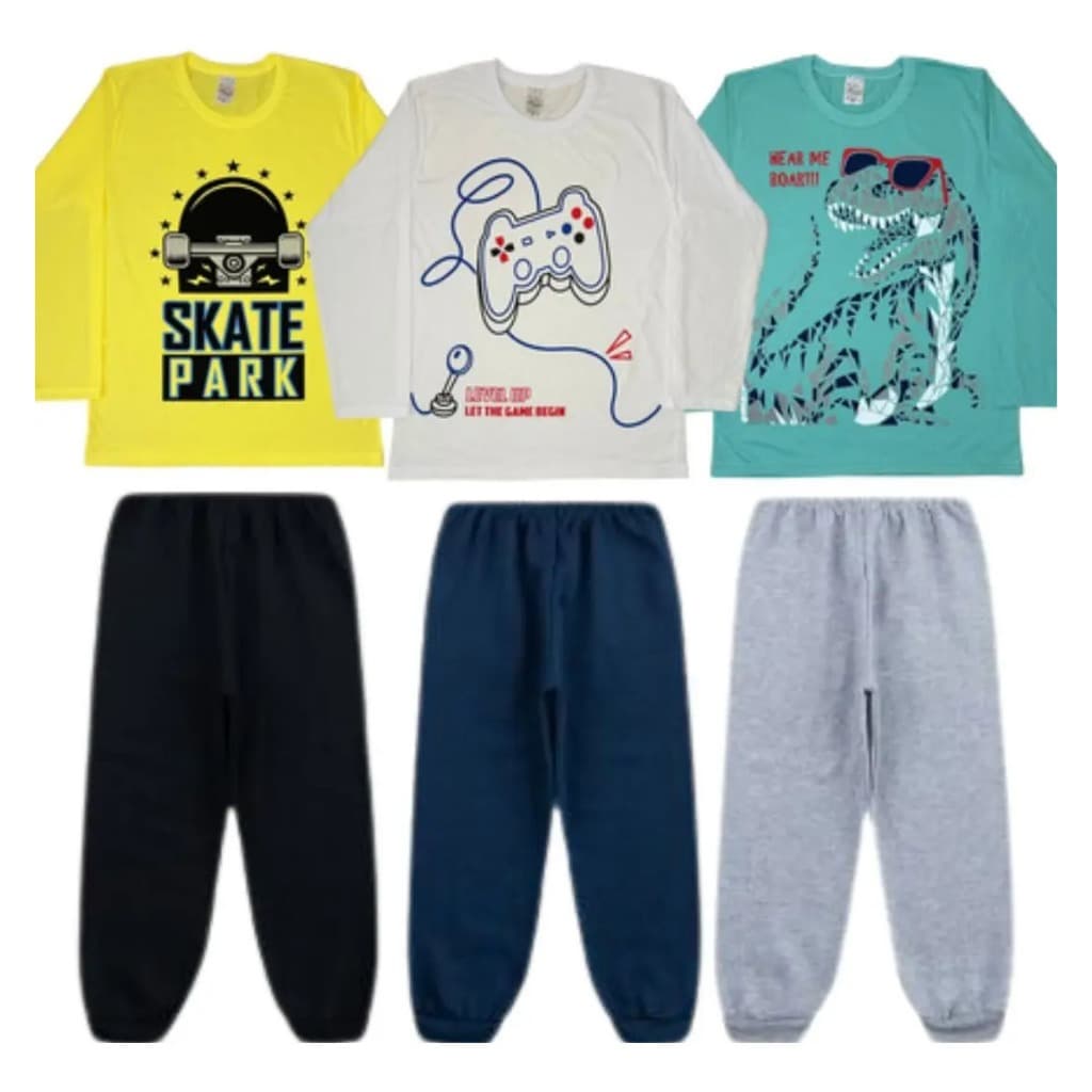 Kit Infantil Menino meia estação 4 Peças 2 Calças em moletom 2 Camisetas Manga Longa Com Punho 1 ao 8