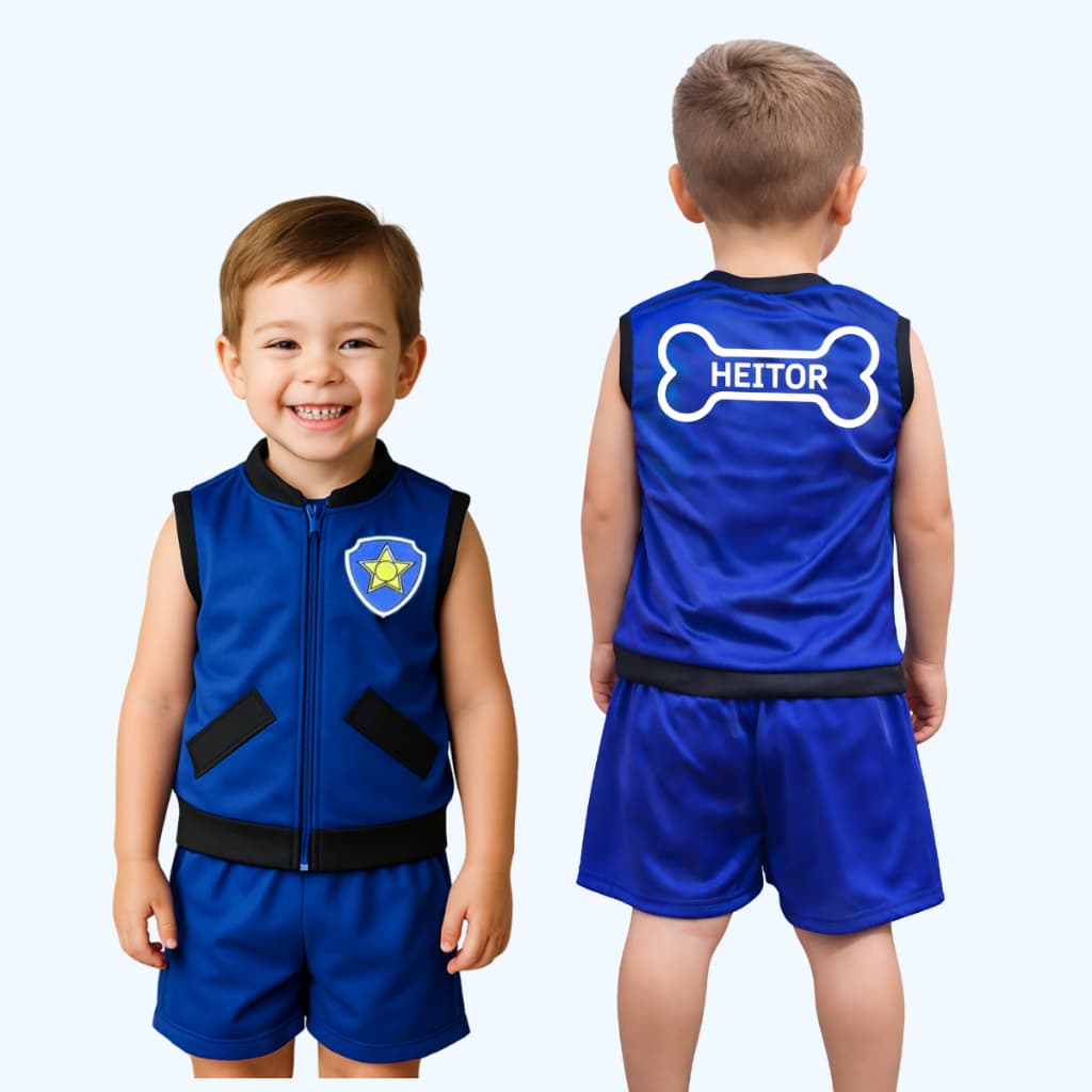 Fantasia Infantil Conjunto Colete e Shorts Chase Personalizado Com Nome Patrulha