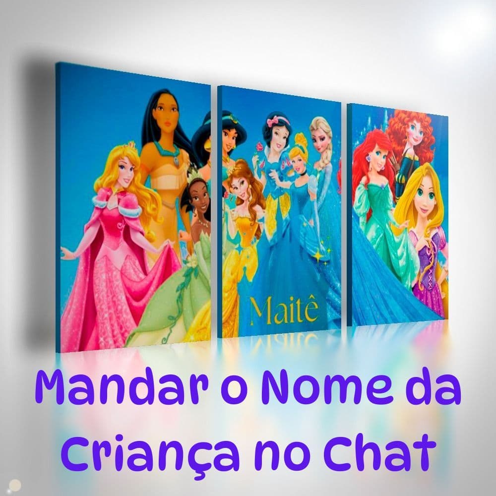 Kit 3 Quadros Infantil Princesas da Disney Decorativos para Quarto de Menina Perosonalizado com Nome