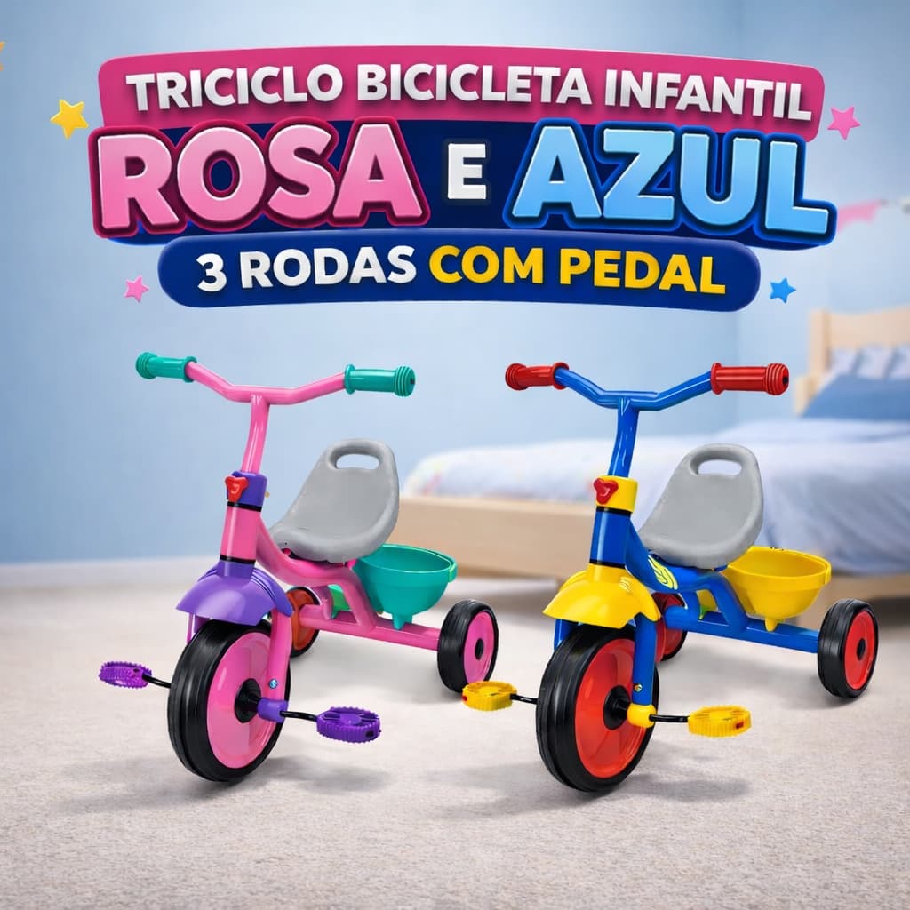 Triciclo Bicicleta Infantil Rosa e Azul 3 Rodas Com Pedal Resistente Criança Seguro