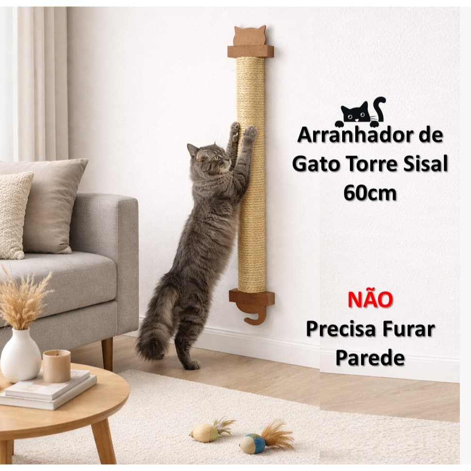 Arranhador Gatos Poste Sisal 60cm Parede Vertical Brinquedo Pet Casa Sem Furos Poste Refil Reposição