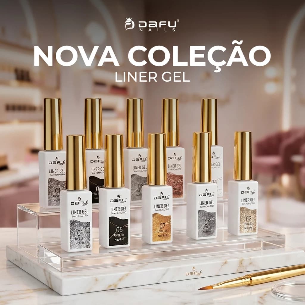 KIT 12 Esmaltes Gel Liner Dafu Preto Branco Dourado Prata Champagne Unha Francesinha Pincel Fino Led