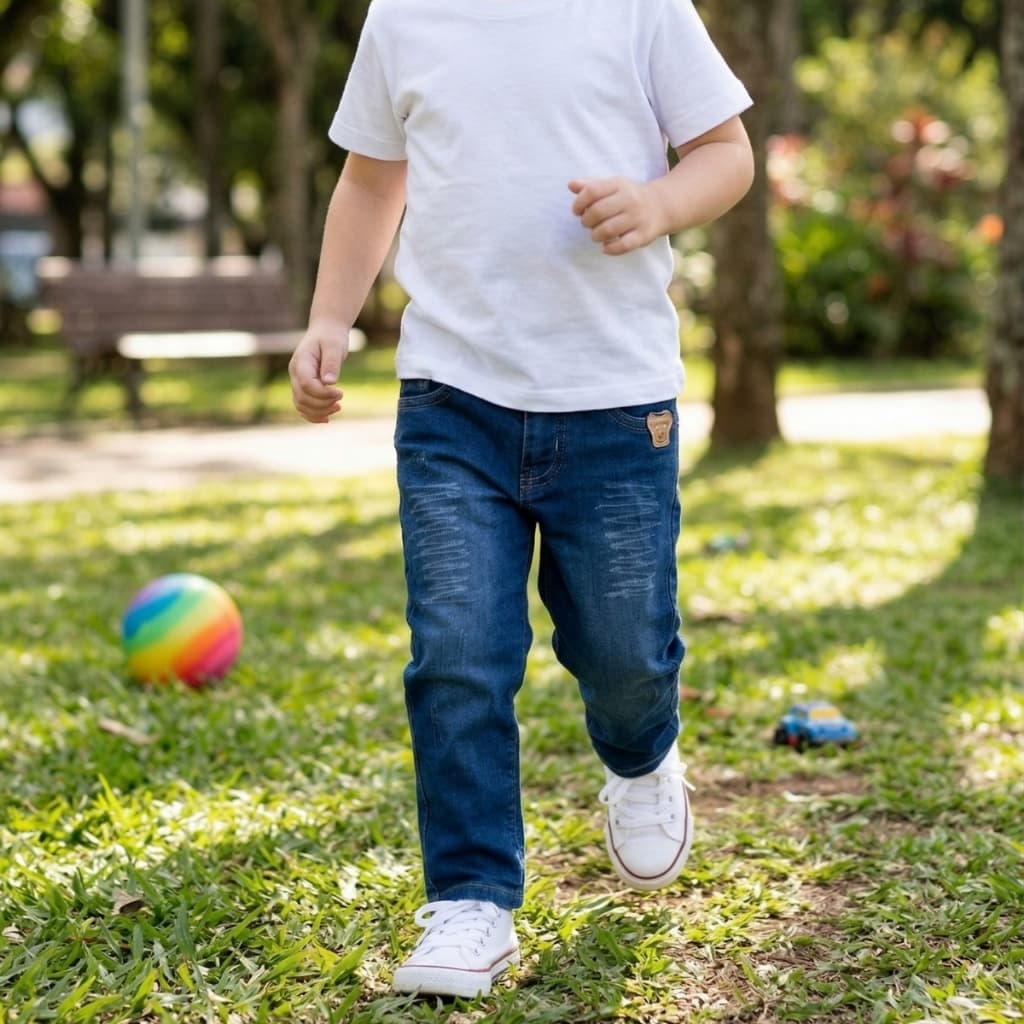 Calça Jeans Infantil Masculino Com Bolsos Ajustável Costura Reforçada Calça Azul Escuro Confortável