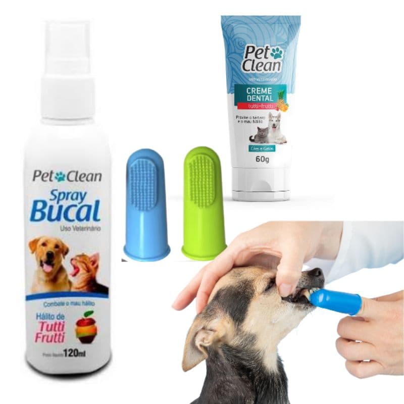 Mau Hálito em Cães e Gatos? Kit Dental Pet Clean com Pasta + Spray + Escova | Remove Tártaro e Limpa os Dentes