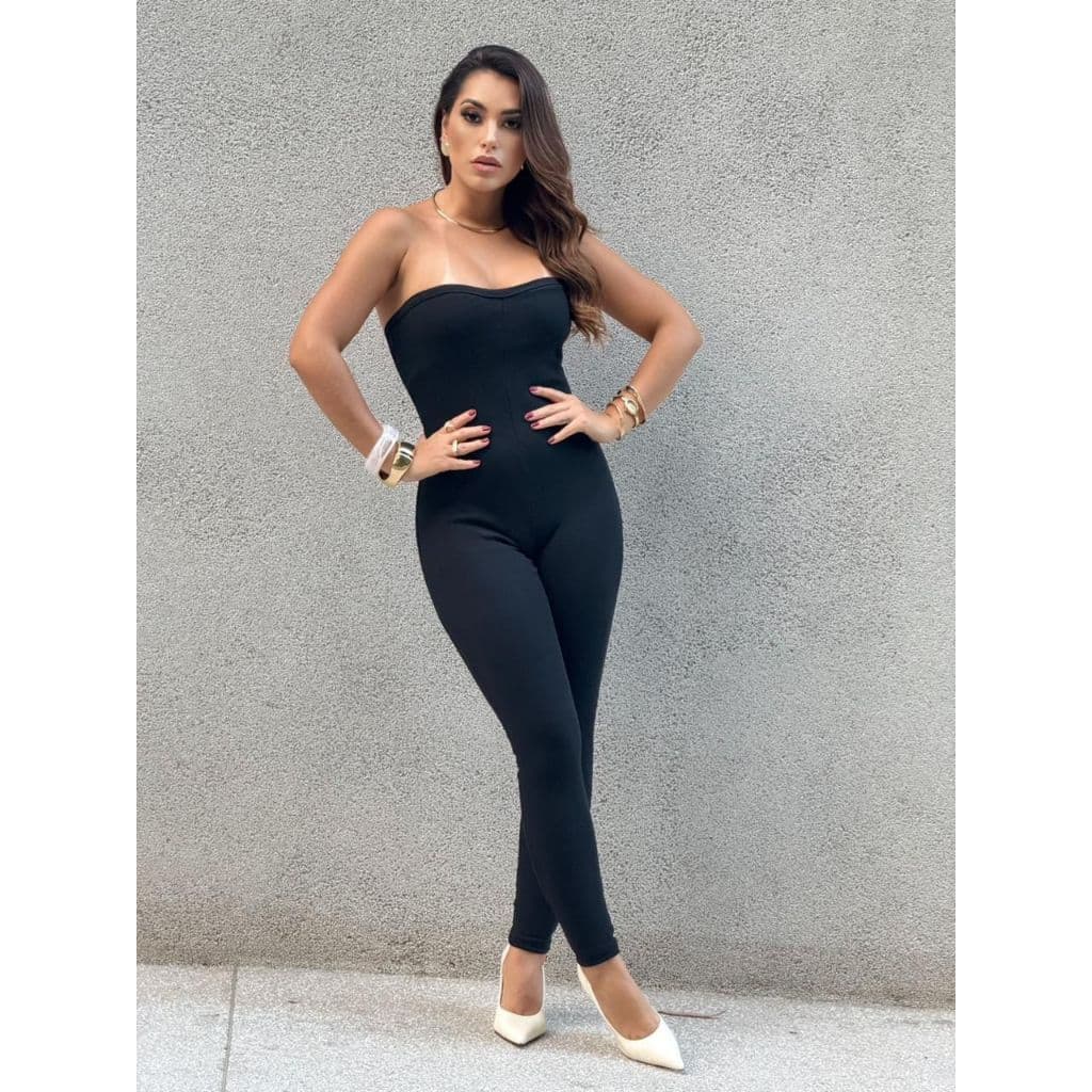 Macacão Feminino Tomara que Caia Longo Suplex Preto Elegante Ajustado ao Corpo
