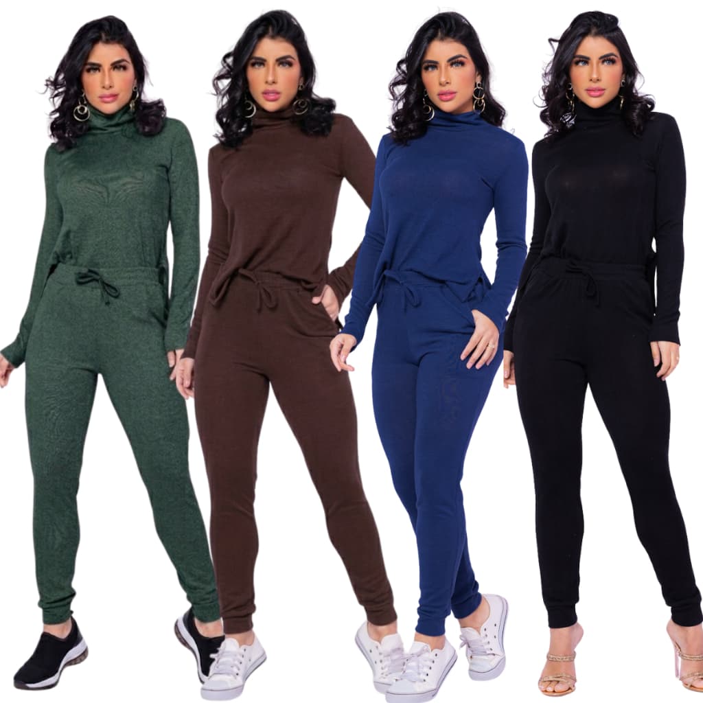 Conjunto Feminino Lãzinha Gola Alta Calça + Blusa Quentinho Premium P M G GG