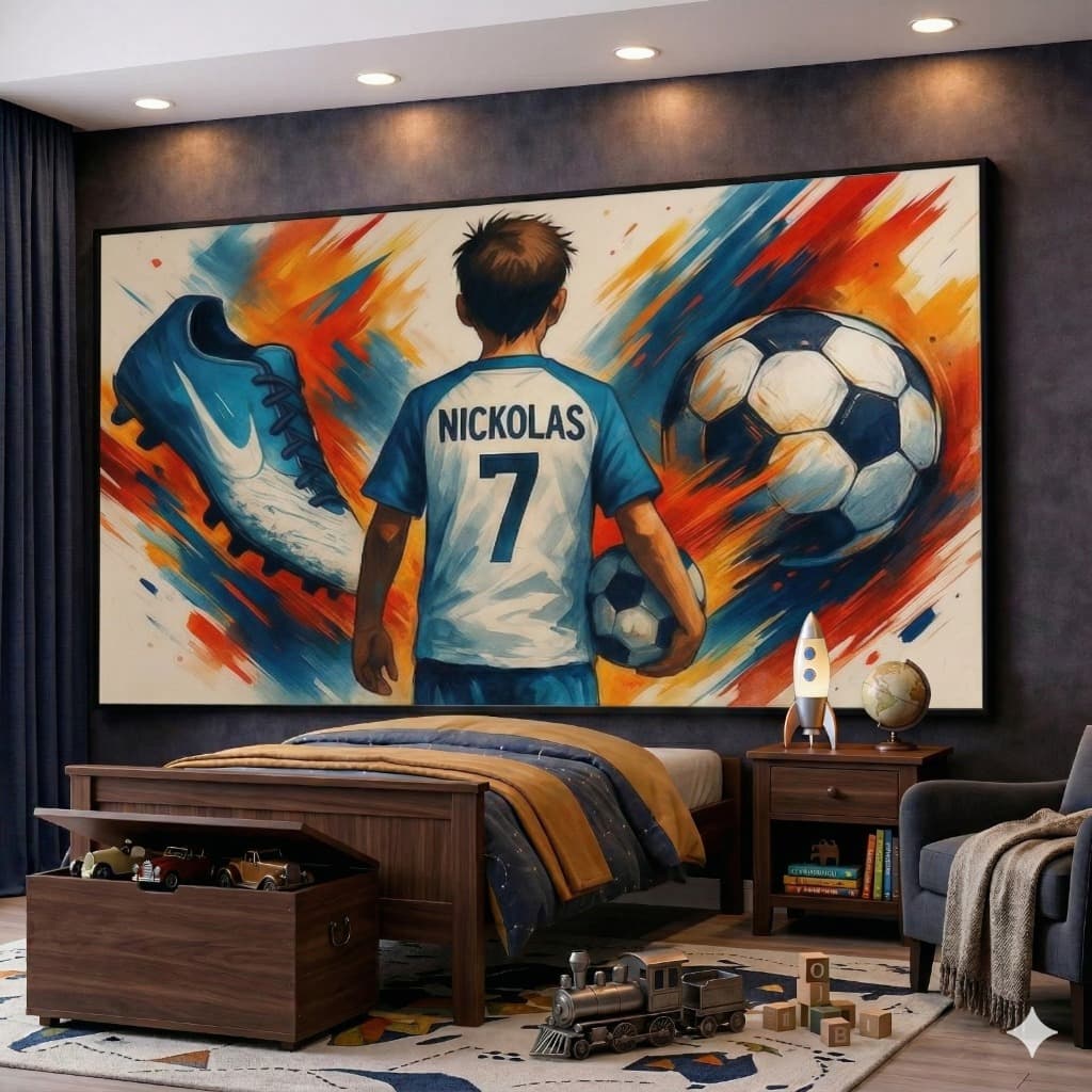 Quadro Decorativo Futebol Infantil Personalizado - Arte Colorida com Nome e Camisa de Jogador