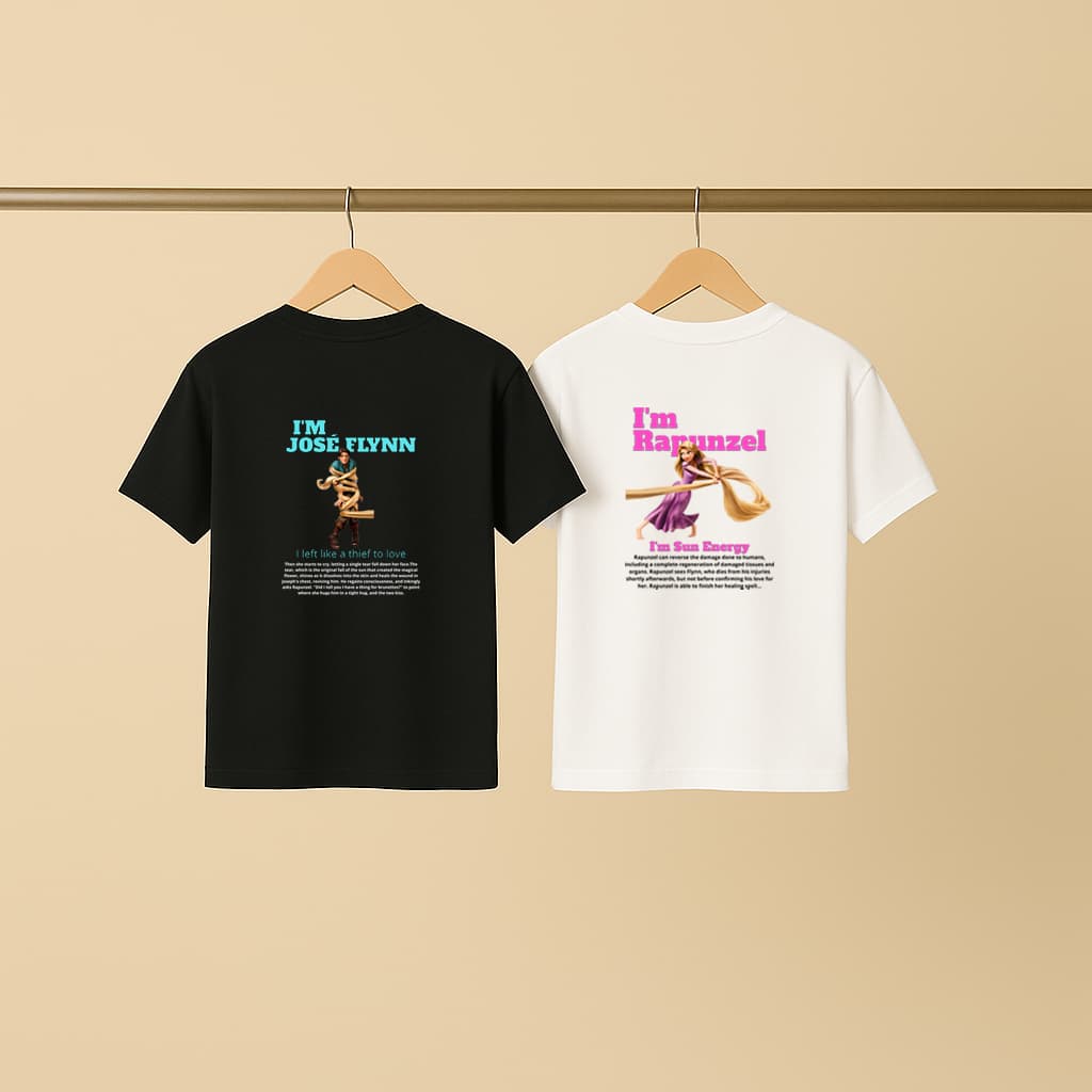 Kit Casal 2 Camisetas Rapunzel e José Flynn Enrolados 100% Algodão Casual