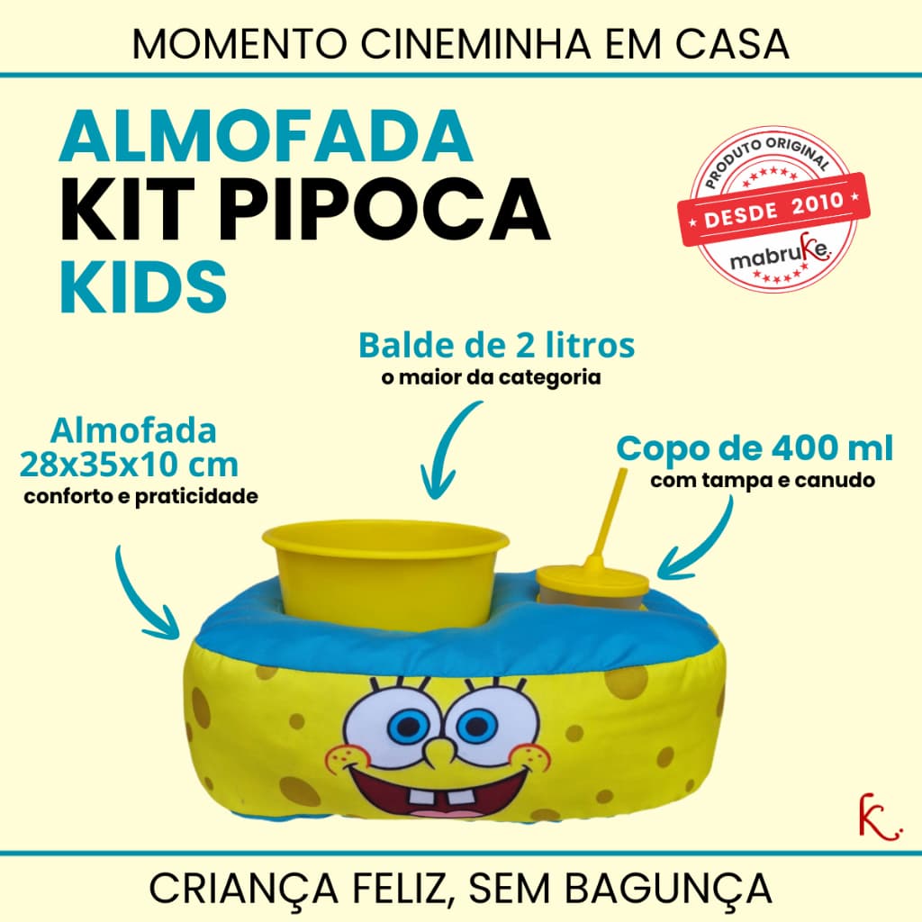 Kit Pipoca Infantil BOB ESPONJA 🍿 Presente Criativo | Almofada Porta Balde e Copo Para Sofá