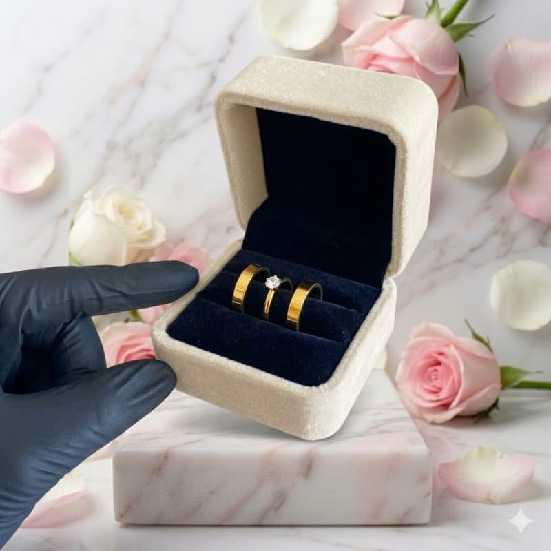 Par De Alianças Ouro Lisa(Dourada) 4mm + Anel Solitario 2mm + Caixinha Coracao Casamento Noivado Pronta Entrega Aço Inox
