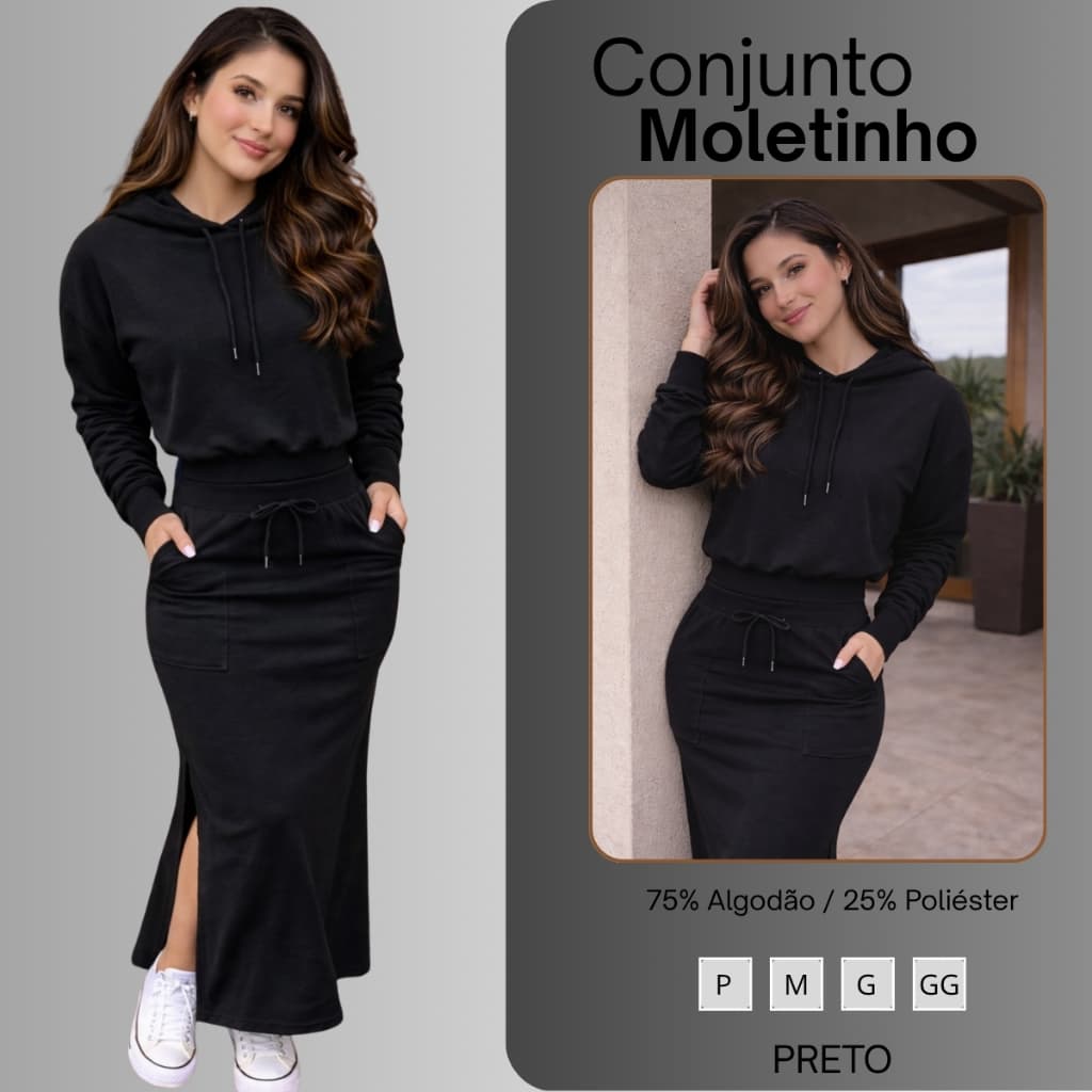 Conjunto Moletom Feminino 2 Peças Saia Midi e Blusa Manga Longa com Capuz Preto