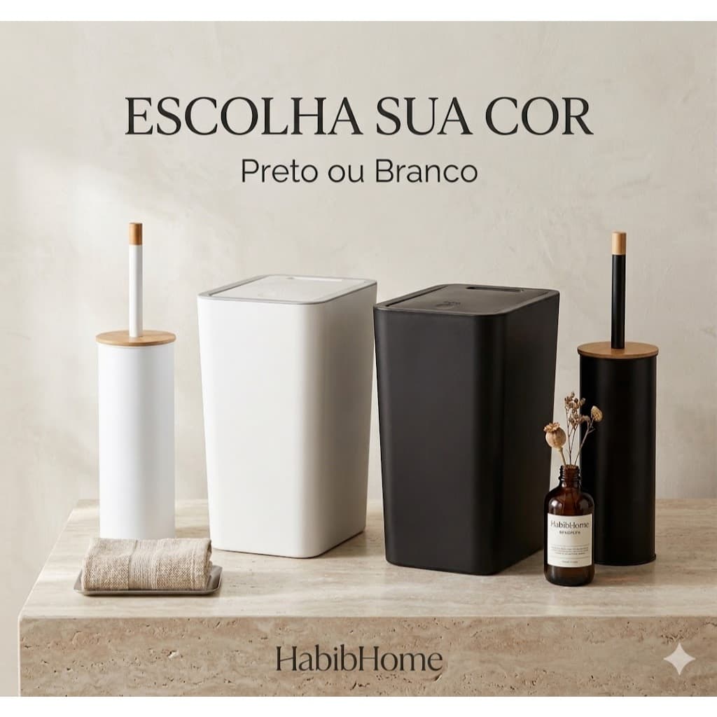 Kit Banheiro Lixeira 15L Tampa Click + Escova Sanitária Preto ou Branco Luxo / Lisa Ou Alce