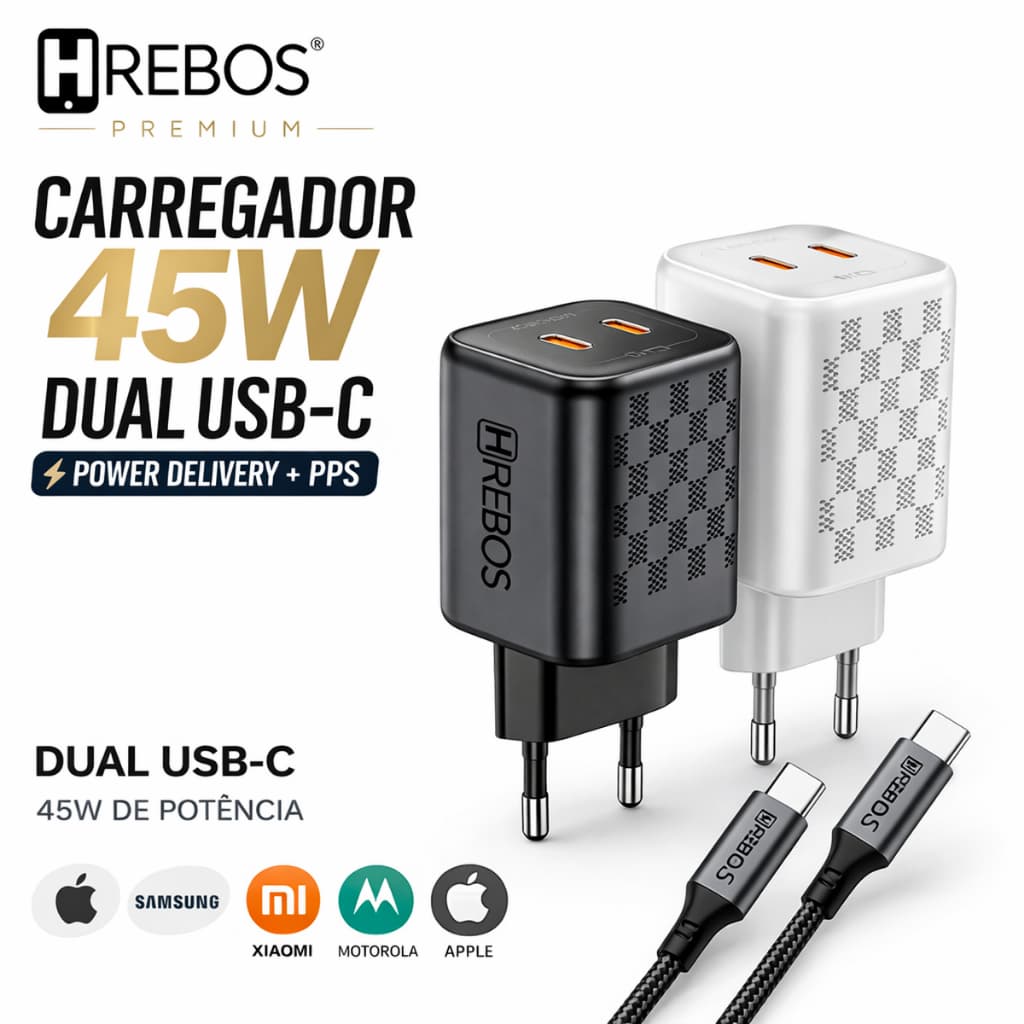 Carregador 45W USB-C Duplo Bivolt Power Delivery PD PPS Carregamento Rápido