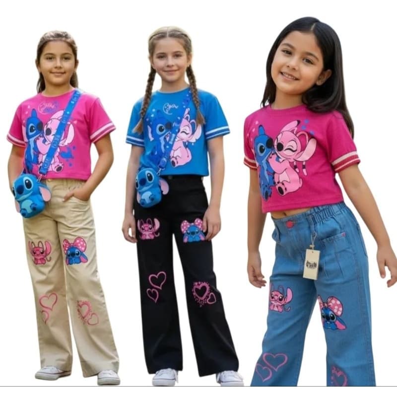 Conjunto  blusa cropped calça jeans do Street infantil kit blusa do Stitch mais calça jeans pantalona wide leg menina