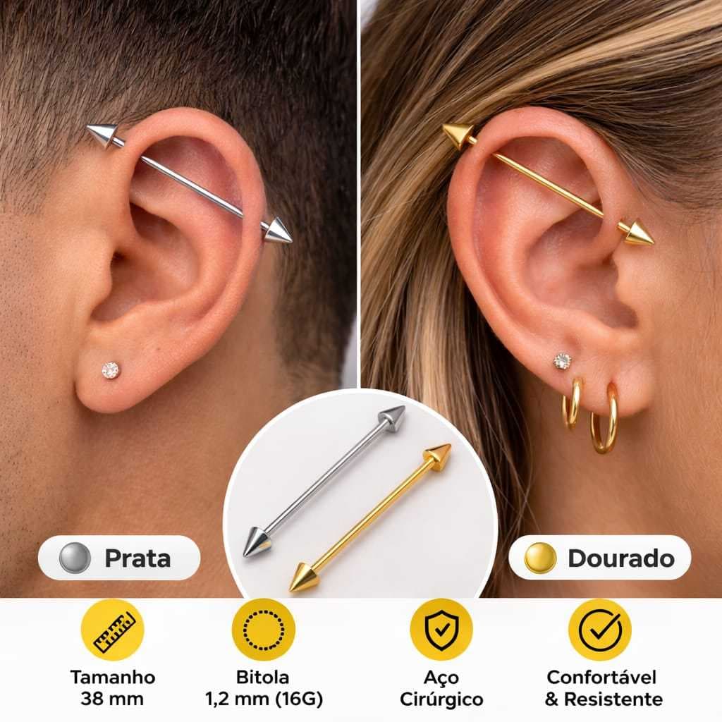 Piercing Transversal Spike Prata ou Banhado a Ouro Aço Cirúrgico 316L