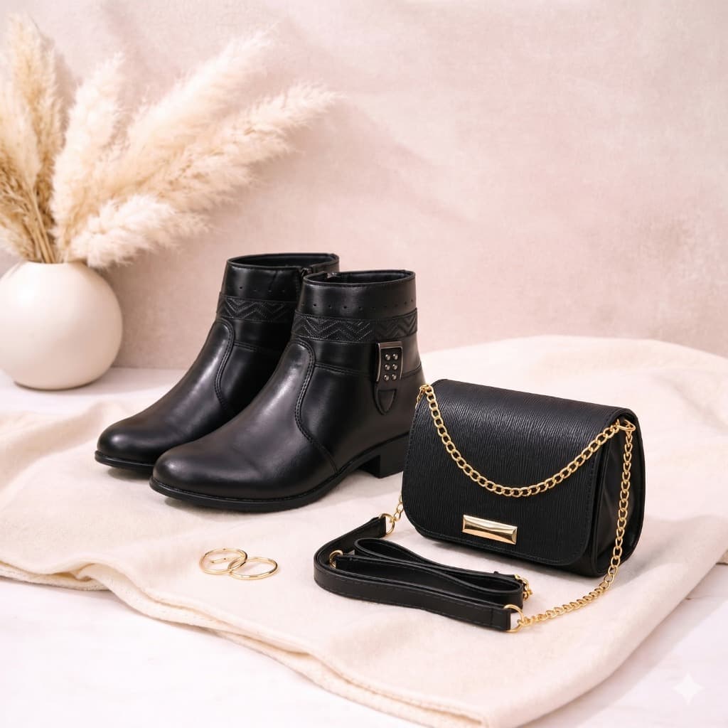 Combo Elegância: Bota Cano Curto + Bolsa Transversal com Corrente – O Par Perfeito para Seu Look