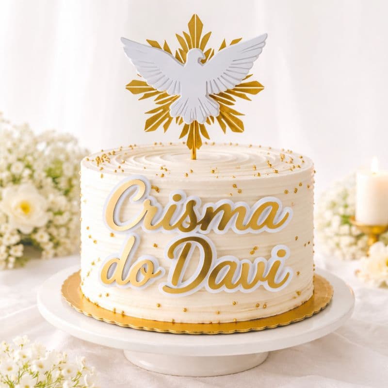 ENVIO IMEDIATO - Topo de Bolo Crisma Espírito Santo Personalizado Nome Dourado Decoração Especial - Com Nome