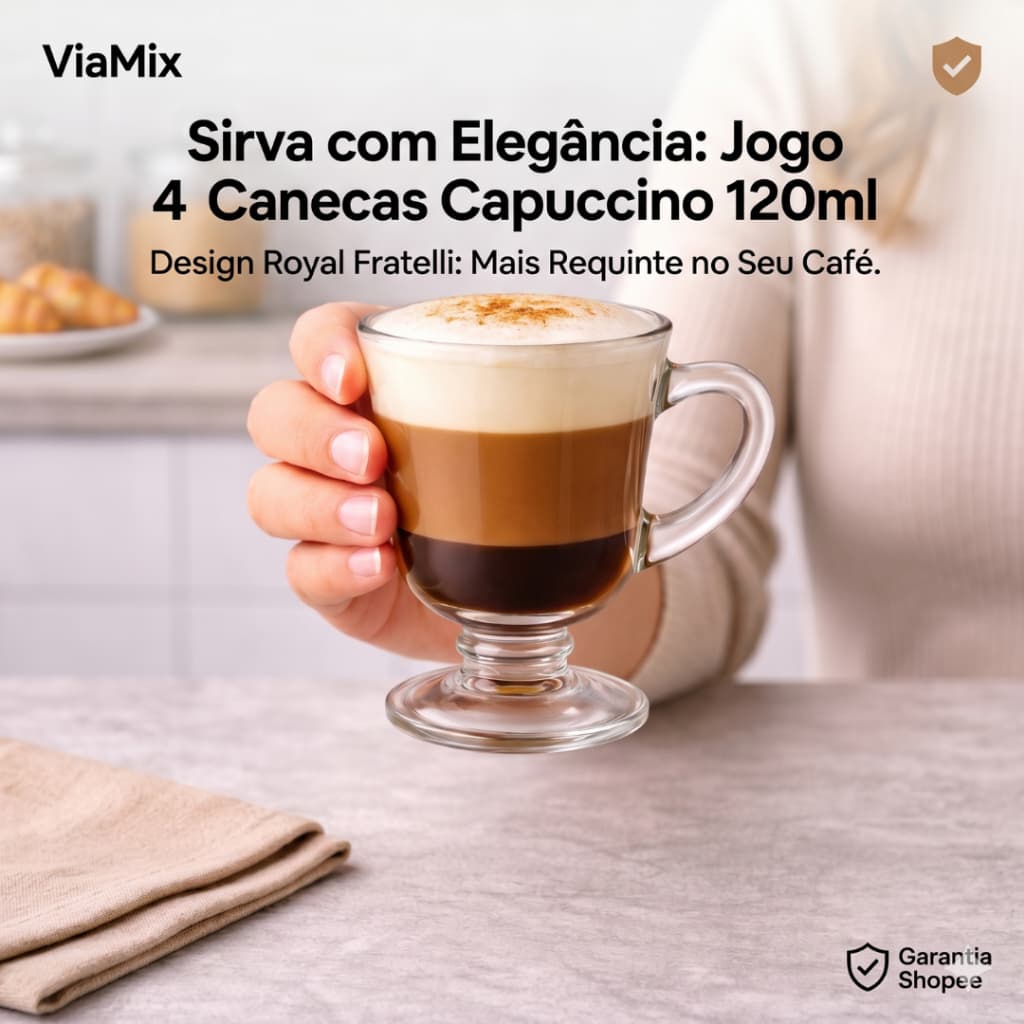 Jogo 4 Canecas Capuccino Vidro 120ml Royal Fratelli Café Expresso ViaMix