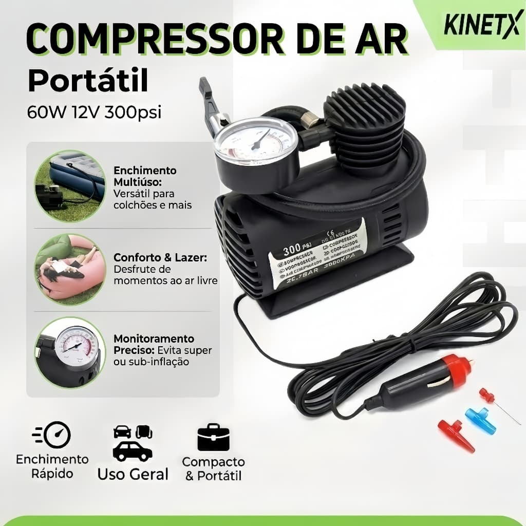 Mini Compressor De Ar Automotivo Portátil KINETX 12V 300 PSI Com 3 Bicos Para Bolas Piscinas