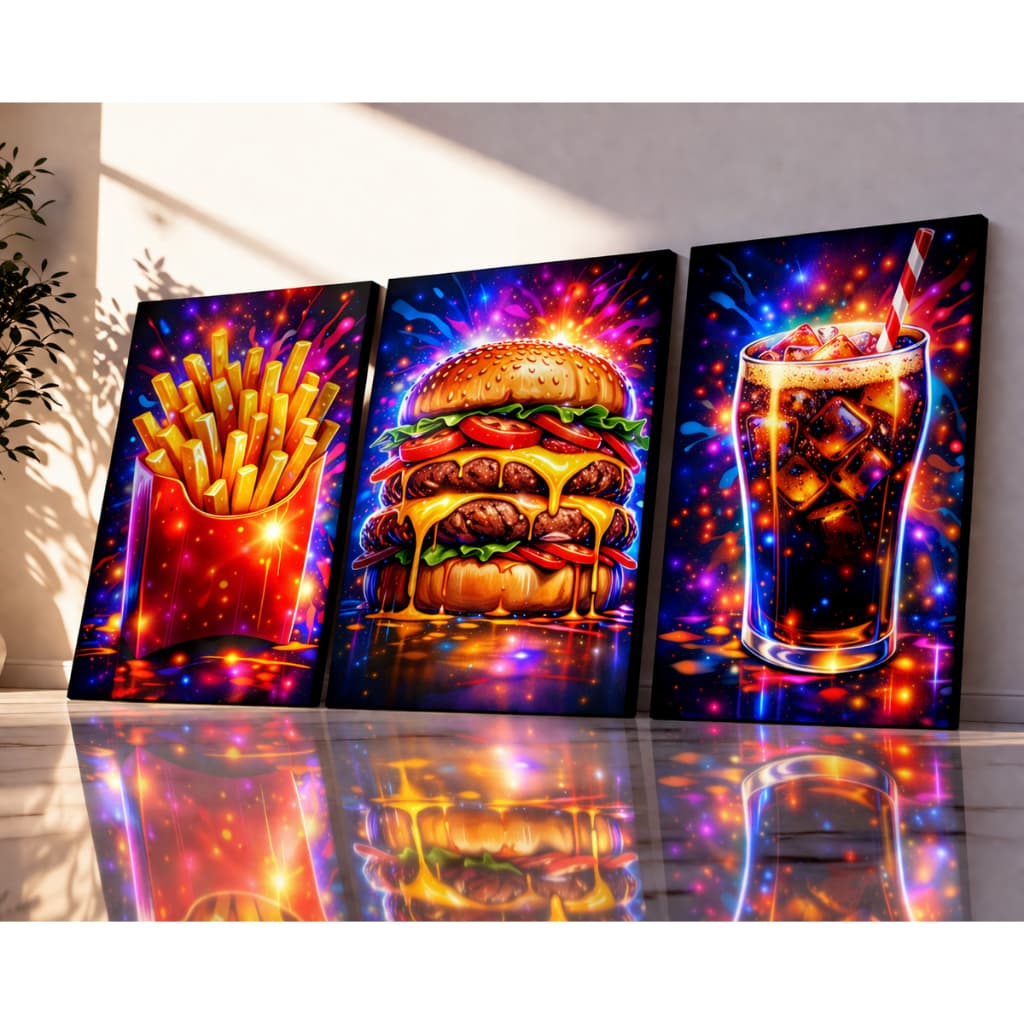Kit 3 Quadros Decorativos Fast Food Neon Hamburgueria Burger Batata Refrigerante MDF Lanchonete