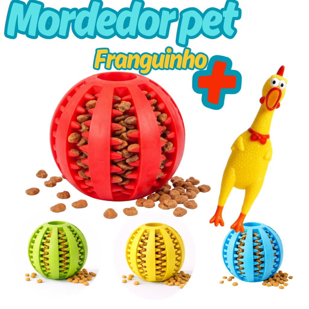 Pet Mordedor Bola Multifuncional Escova Mordedor Porta Petisco Pet Ball 6 cm + Frango de borracha 16 cm