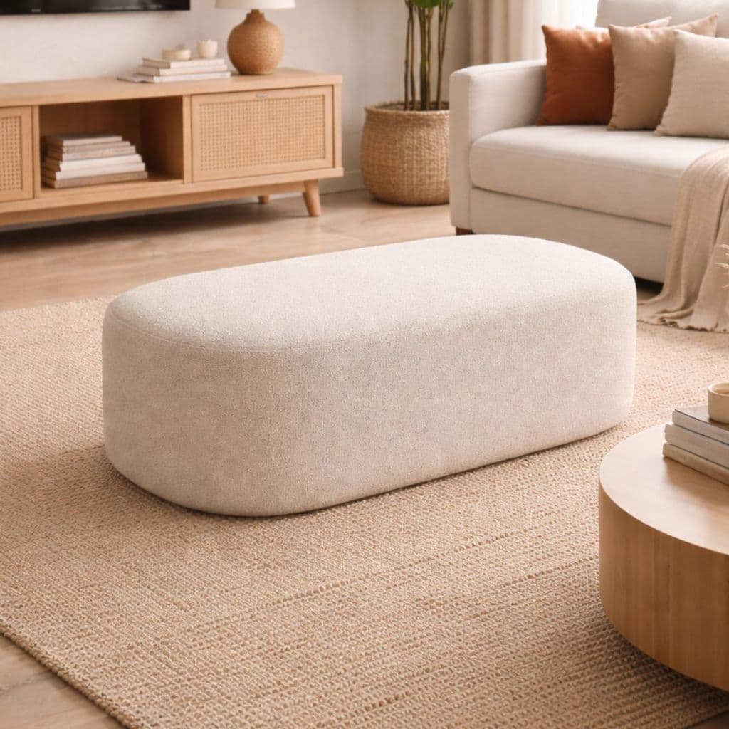 Puff Doris 100cm Orgânico Decorativo para Living Luxo sofisticado Bouclé Courissimo Linho