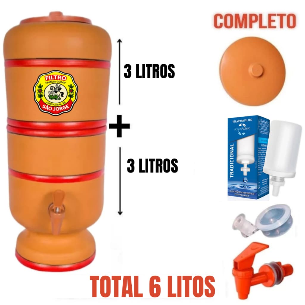 Bebedouro de Água Filtro de Barro Tradicional 6L Completo com Vela, Boia e Torneira -Envio Imediato!