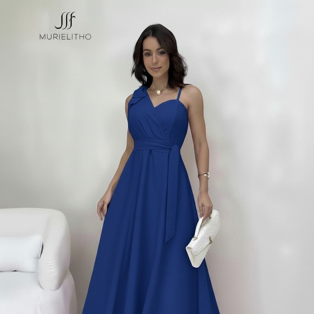 Vestido longo com laço no ombro, alça única regulável, cinto, forro e bojo | Casamento, festa e casual.