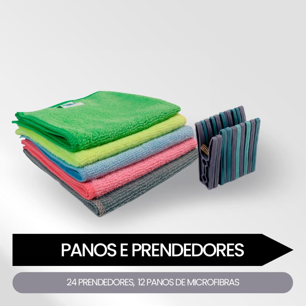 Kit 12 Pano de Microfibra Para Limpeza + 24 Prendedor de Roupa Resistentes
