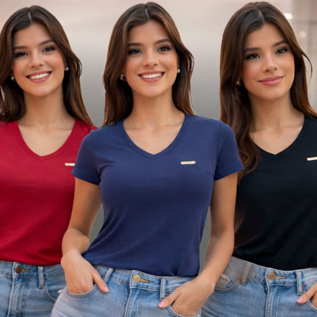 Kit 3 Baby Look Gola V Moda Básica Atual  Blusa Feminina Malha Viscolaycra  Manga Curta Confortável Elegante Moderna