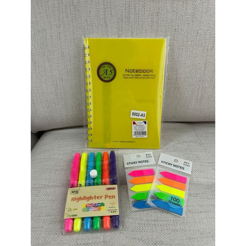 Kit Escolar Aesthetic Completo Caderno A5 + Marca Texto 6 Cores + Sticky Notes Coloridos