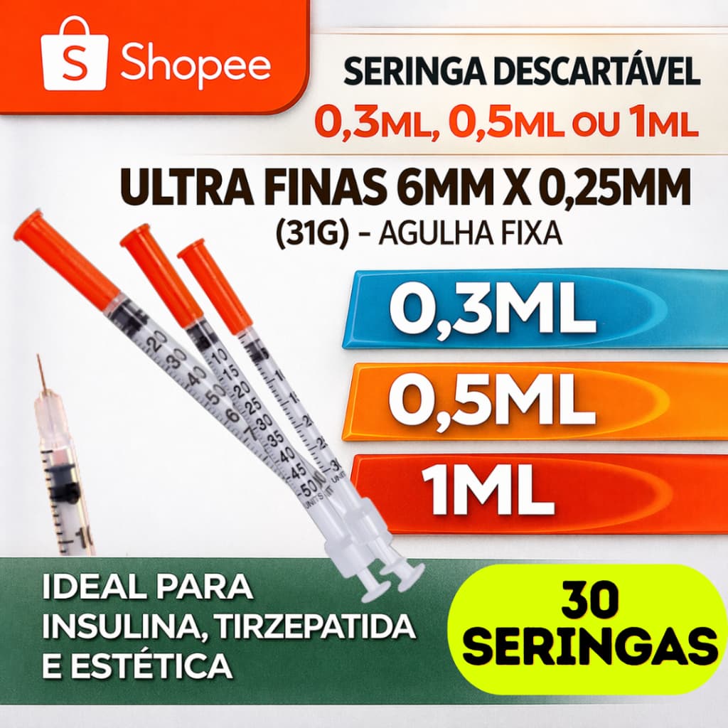 30 Seringas de Insulina 0,3ml (30ui), 0,5ml (50ui) e 1ml (100ui) com ag. 6mmx0,25mm 31G para Botox, Homônios etc - VP