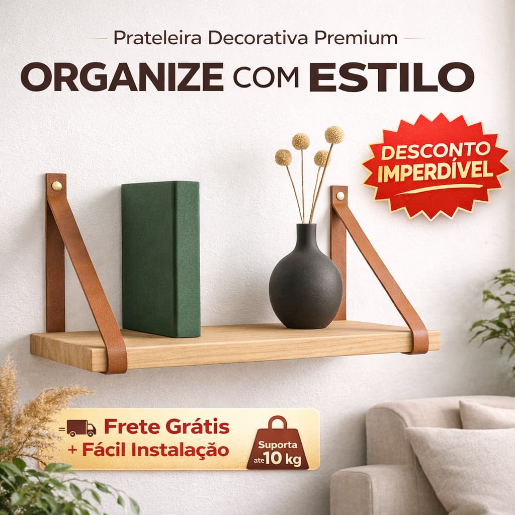 Prateleira Suspensa Madeira Pinus Maciça 50cm Alça De Couro Estilo Montessori