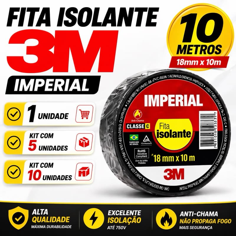 Fita Isolante 3M Imperial 10 Metros – Unidade, Kit com 5 ou Kit com 10