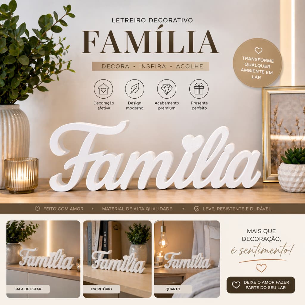 Letreiro Decorativo Palavra Família Moderno para Sala Quarto Escritório Ideal para Decoração de Casa