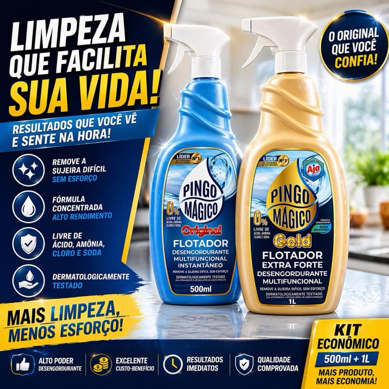 Pingo Mágico Original + Gold Kit Limpeza Completa Desengordurante Forte Remove Gordura Pesada