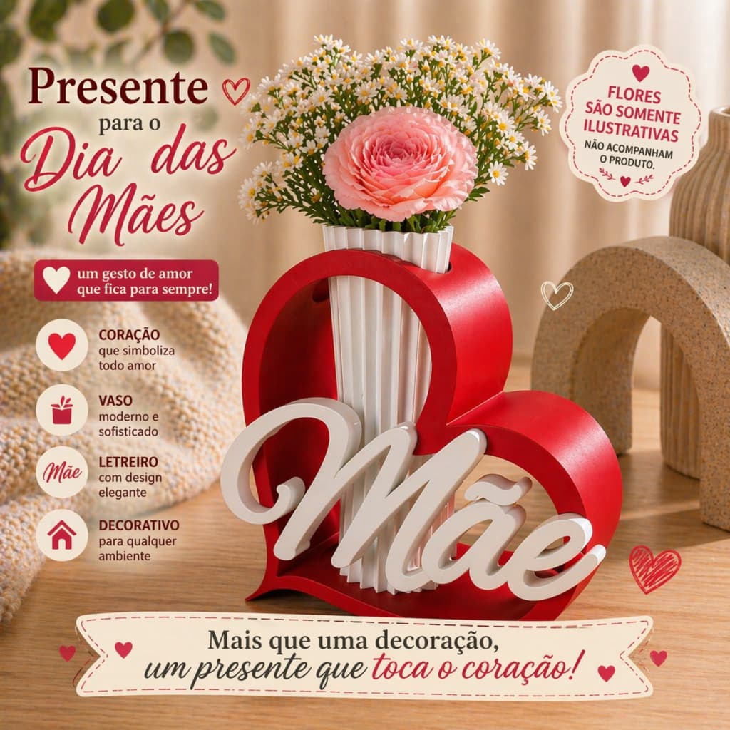 Presente Dia das Mães Vaso Decorativo Coração Letreiro Mãe Enfeite Mesa Decoração Elegante + Suporte de foto BRINDE