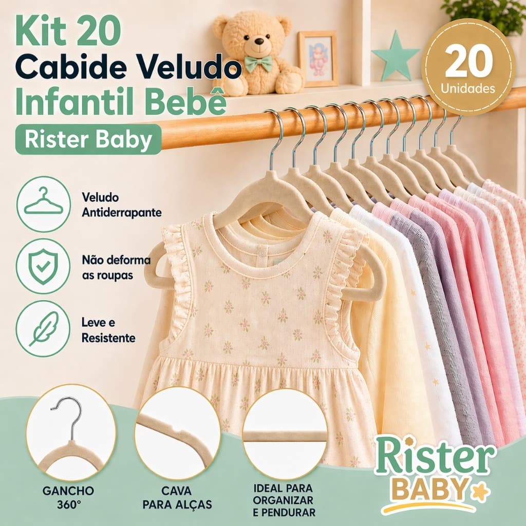 Kit 20 Cabide Bebê Veludo Antideslizante Infantil Rister Baby